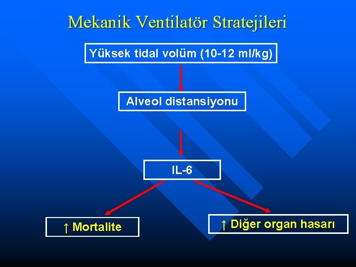 Mekanik Ventilatör Stratejileri Yüksek tidal volüm (10 -12 ml/kg) Alveol distansiyonu IL-6 ↑ Mortalite