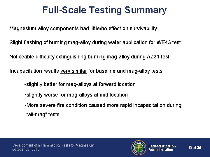 Full-Scale Testing Summary Magnesium alloy components had little/no effect on survivability Slight flashing of