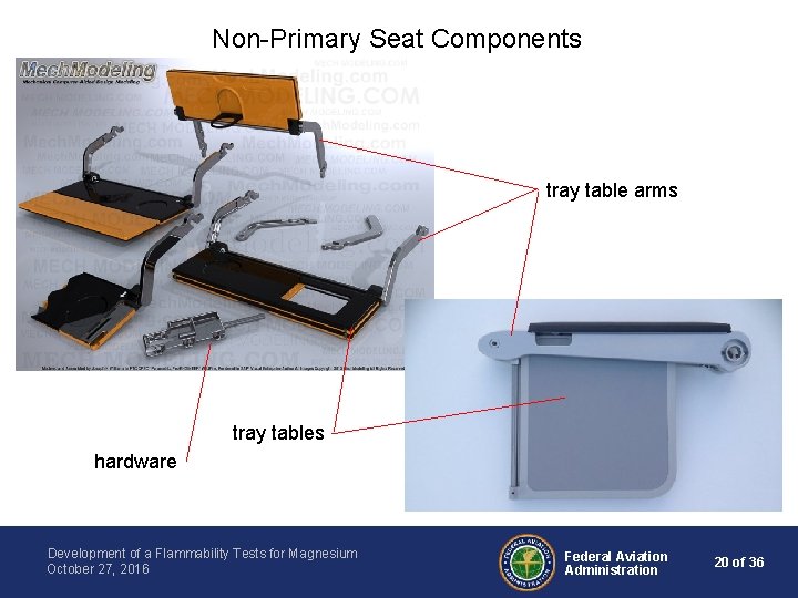 Non-Primary Seat Components tray table arms tray tables hardware Development of a Flammability Tests