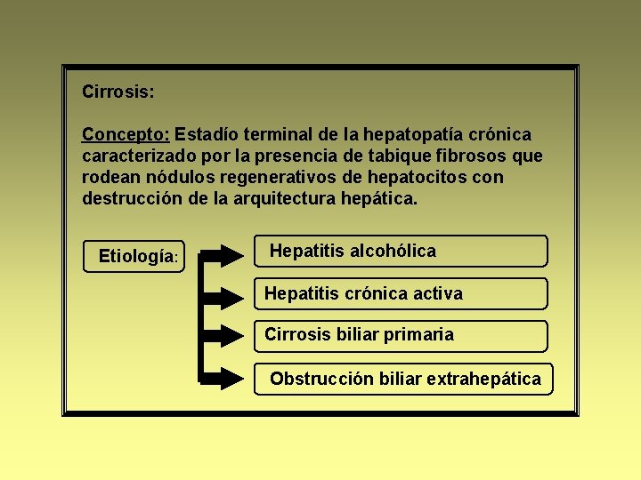 Cirrosis: Concepto: Estadío terminal de la hepatopatía crónica caracterizado por la presencia de tabique