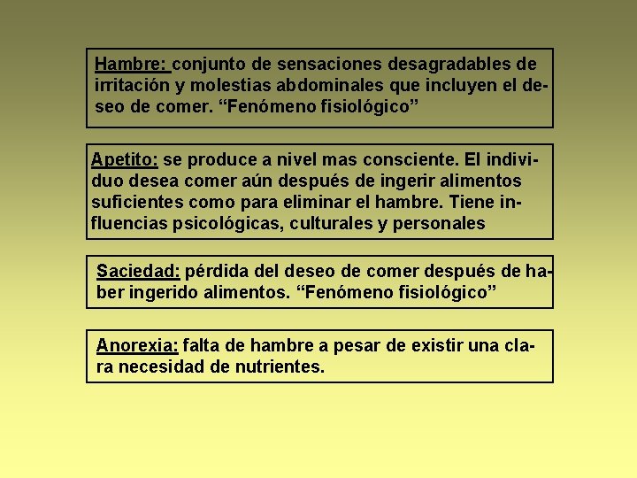 Hambre: conjunto de sensaciones desagradables de irritación y molestias abdominales que incluyen el deseo