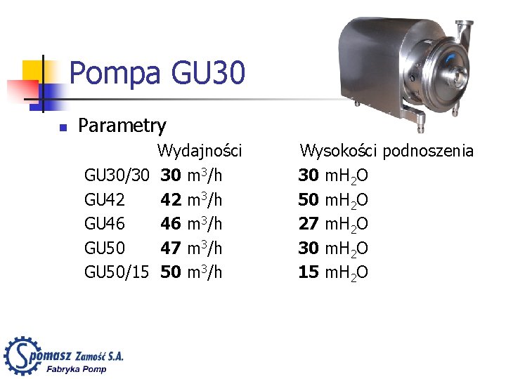 Pompa GU 30 n Parametry Wydajności GU 30/30 30 m 3/h GU 42 42