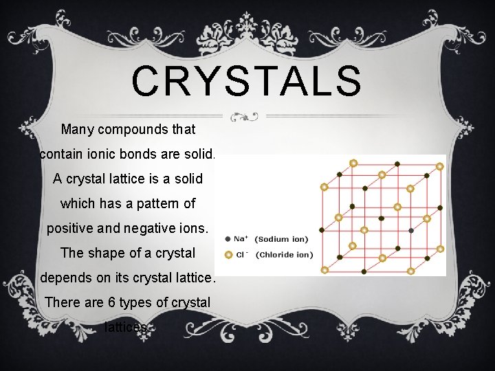 CRYSTALS Many compounds that contain ionic bonds are solid. A crystal lattice is a