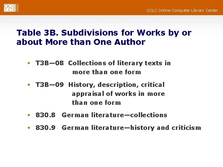 OCLC Online Computer Library Center Table 3 B. Subdivisions for Works by or about