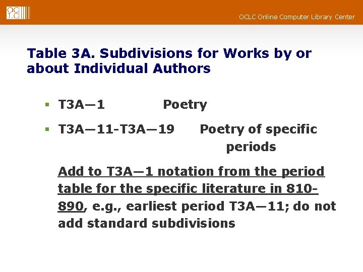 OCLC Online Computer Library Center Table 3 A. Subdivisions for Works by or about