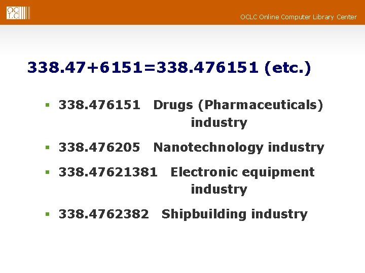 OCLC Online Computer Library Center 338. 47+6151=338. 476151 (etc. ) § 338. 476151 Drugs