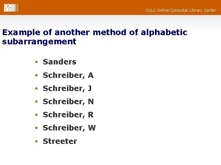 OCLC Online Computer Library Center Example of another method of alphabetic subarrangement § Sanders