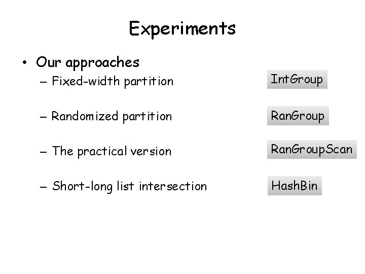 Experiments • Our approaches – Fixed-width partition Int. Group – Randomized partition Ran. Group
