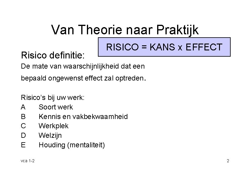 Van Theorie naar Praktijk Risico definitie: RISICO = KANS x EFFECT De mate van
