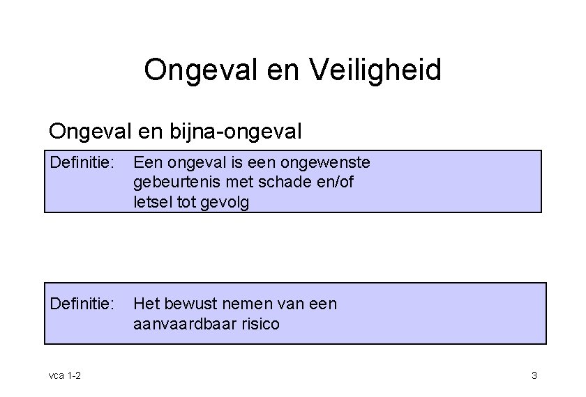 Ongeval en Veiligheid Ongeval en bijna-ongeval Definitie: Een ongeval is een ongewenste gebeurtenis met