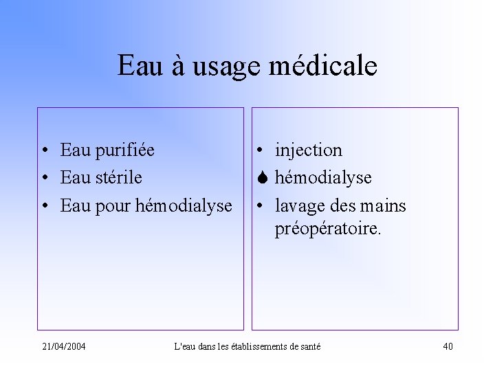 Eau à usage médicale • Eau purifiée • Eau stérile • Eau pour hémodialyse