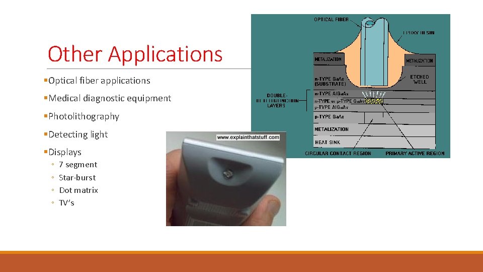 Other Applications §Optical fiber applications §Medical diagnostic equipment §Photolithography §Detecting light §Displays ◦ ◦