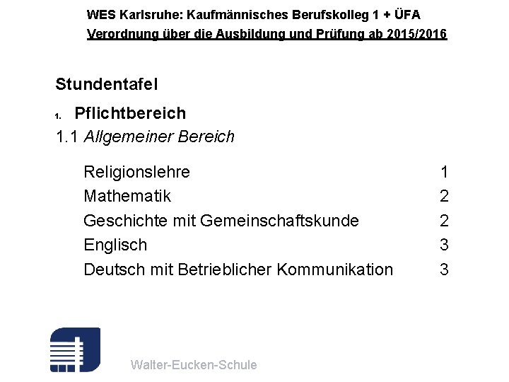 WES Karlsruhe: Kaufmännisches Berufskolleg 1 + ÜFA Verordnung über die Ausbildung und Prüfung ab