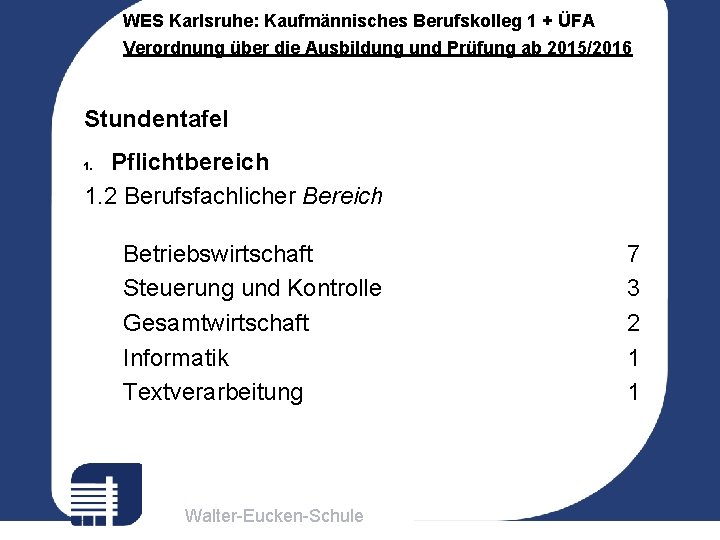 WES Karlsruhe: Kaufmännisches Berufskolleg 1 + ÜFA Verordnung über die Ausbildung und Prüfung ab