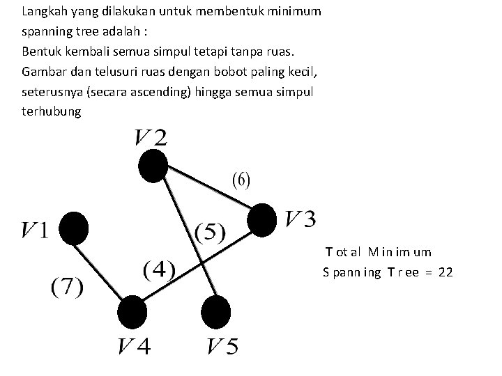 Langkah yang dilakukan untuk membentuk minimum spanning tree adalah : Bentuk kembali semua simpul