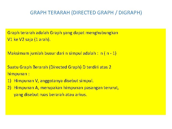 GRAPH TERARAH (DIRECTED GRAPH / DIGRAPH) Graph terarah adalah Graph yang dapat menghubungkan V