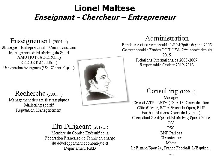 Lionel Maltese Enseignant - Chercheur – Entrepreneur Enseignement (2004…) Stratégie – Entreprenariat – Communication