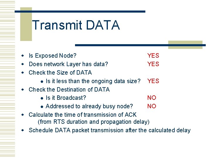 Transmit DATA w Is Exposed Node? YES w Does network Layer has data? YES