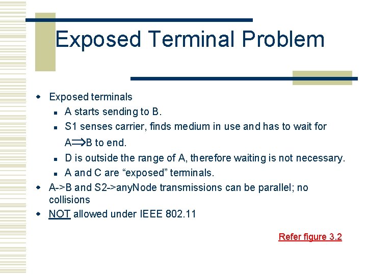 Exposed Terminal Problem w Exposed terminals n A starts sending to B. n S