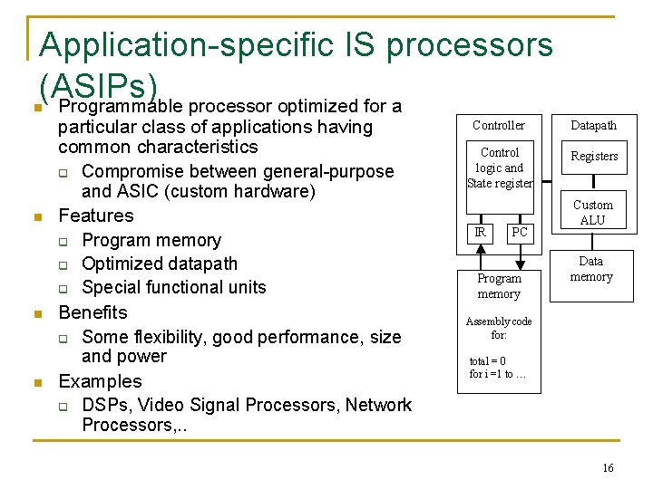 Application-specific IS processors (ASIPs) Programmable processor optimized for a n n particular class of