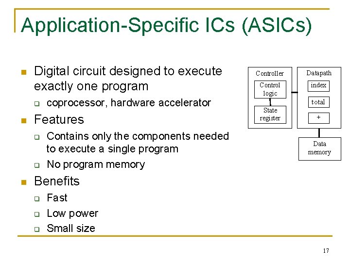 Application-Specific ICs (ASICs) n Digital circuit designed to execute exactly one program q n