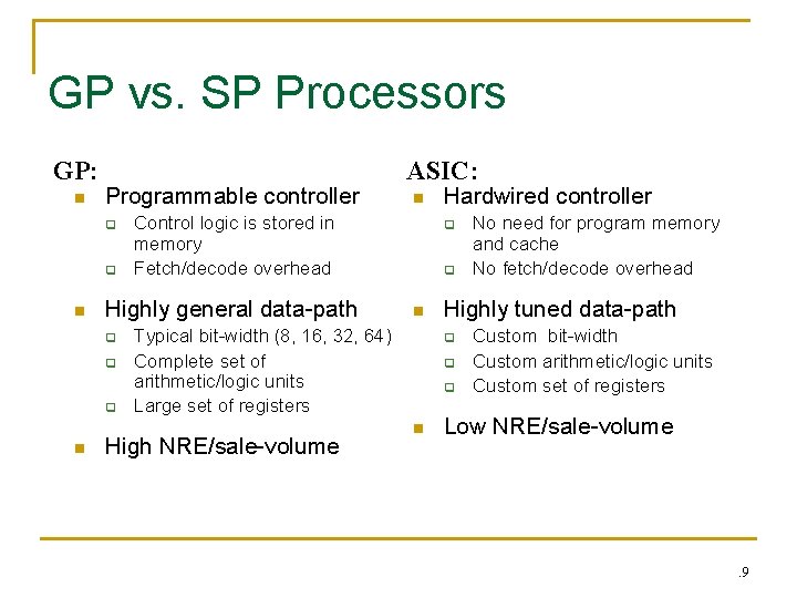 GP vs. SP Processors GP: n Programmable controller q q n n Control logic