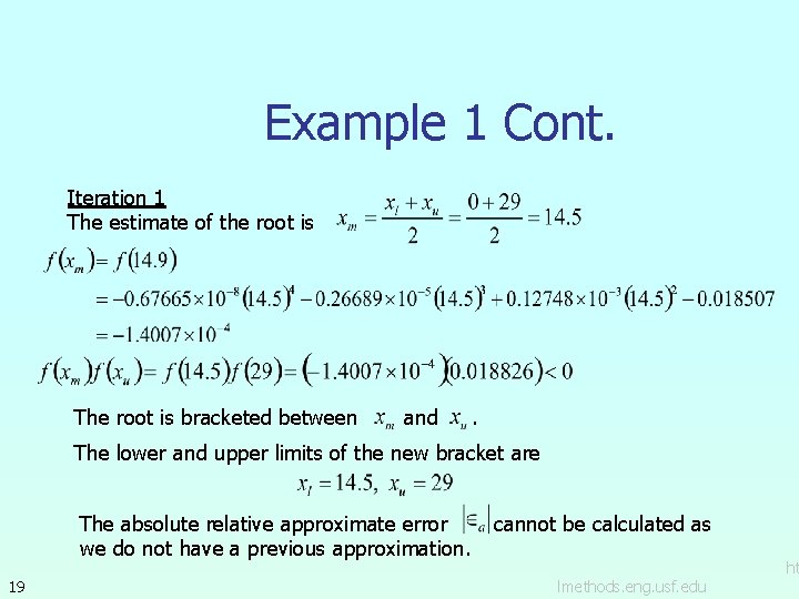 Example 1 Cont. Iteration 1 The estimate of the root is The root is