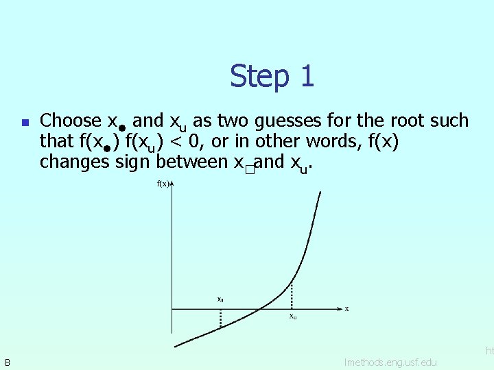 Step 1 n 8 Choose xl and xu as two guesses for the root
