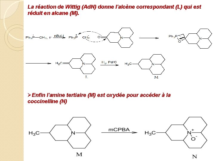 La réaction de Wittig (Ad. N) donne l'alcène correspondant (L) qui est réduit en