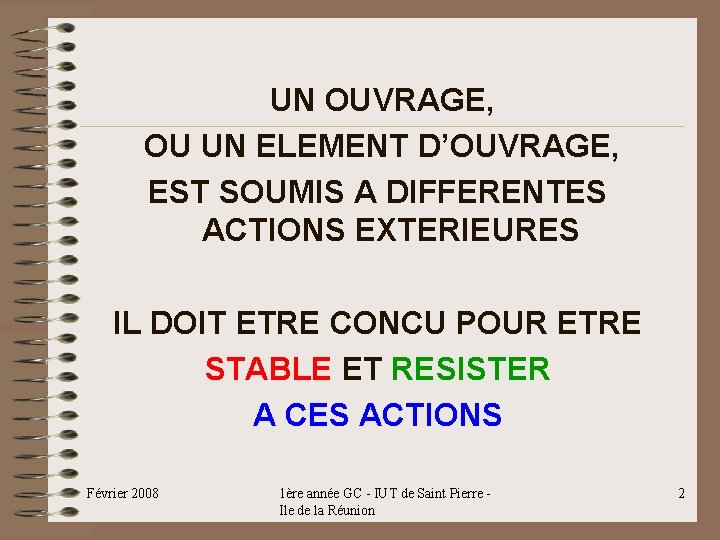 UN OUVRAGE, OU UN ELEMENT D’OUVRAGE, EST SOUMIS A DIFFERENTES ACTIONS EXTERIEURES IL DOIT UN OUVRAGE, OU UN ELEMENT D’OUVRAGE, EST SOUMIS A DIFFERENTES ACTIONS EXTERIEURES IL DOIT