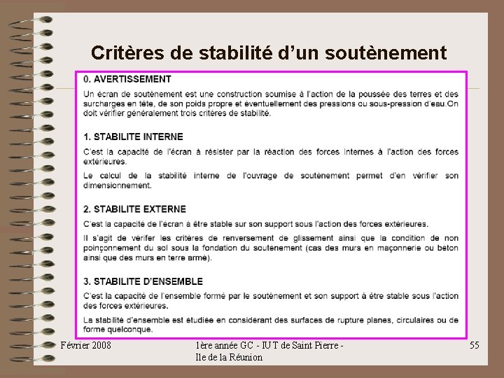Critères de stabilité d’un soutènement Février 2008 1ère année GC - IUT de Saint Critères de stabilité d’un soutènement Février 2008 1ère année GC - IUT de Saint