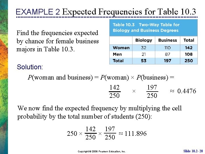 EXAMPLE 2 Expected Frequencies for Table 10. 3 Find the frequencies expected by chance
