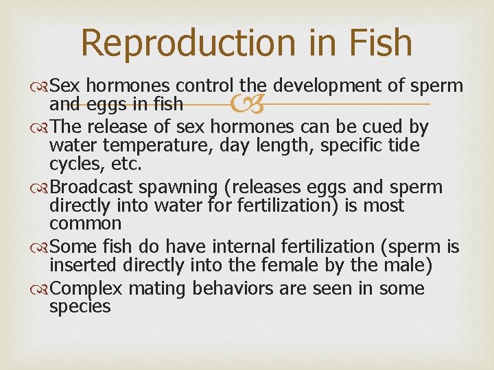 Reproduction in Fish Sex hormones control the development of sperm and eggs in fish