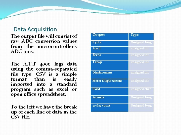 Data Acquisition The output file will consist of raw ADC conversion values from the