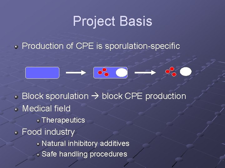 Project Basis Production of CPE is sporulation-specific Block sporulation block CPE production Medical field