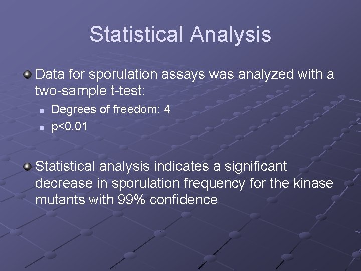 Statistical Analysis Data for sporulation assays was analyzed with a two-sample t-test: n n