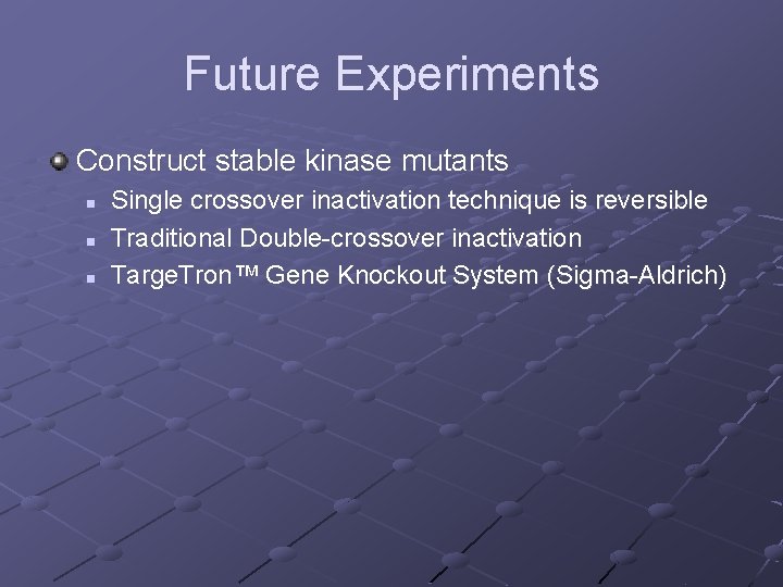 Future Experiments Construct stable kinase mutants n n n Single crossover inactivation technique is