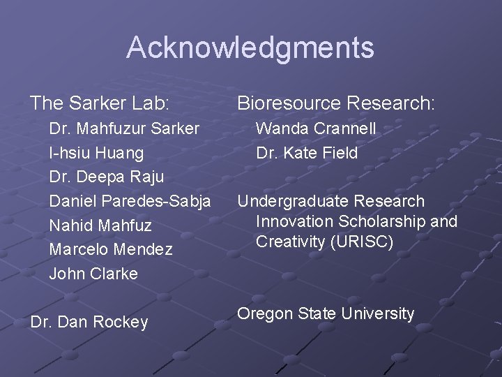 Acknowledgments The Sarker Lab: Dr. Mahfuzur Sarker I-hsiu Huang Dr. Deepa Raju Daniel Paredes-Sabja