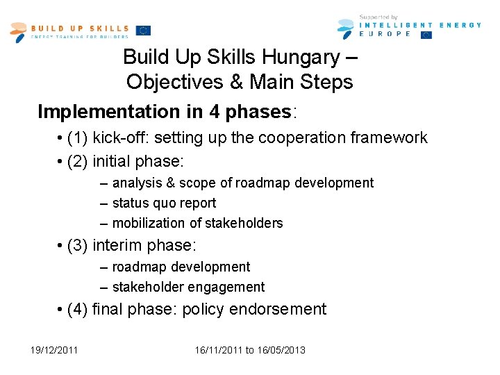 Build Up Skills Hungary – Objectives & Main Steps Implementation in 4 phases: •
