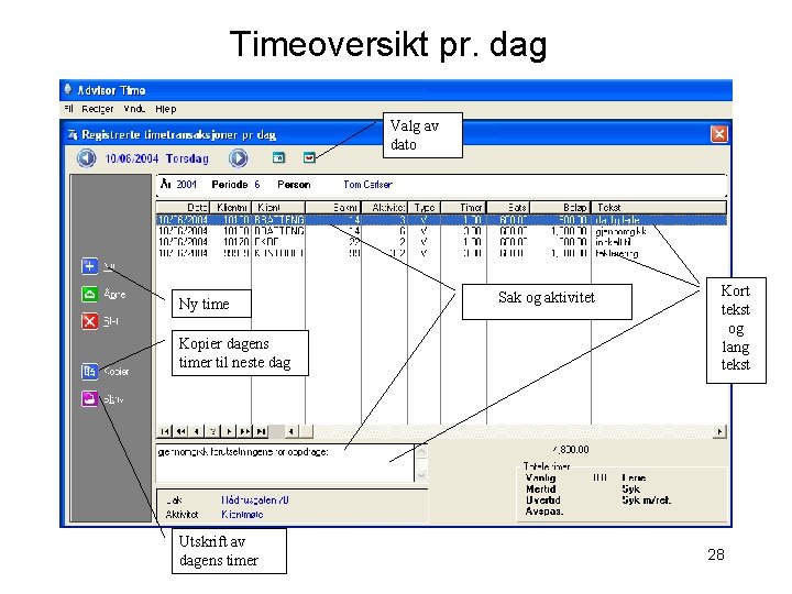 Timeoversikt pr. dag Valg av dato Ny time Kopier dagens timer til neste dag