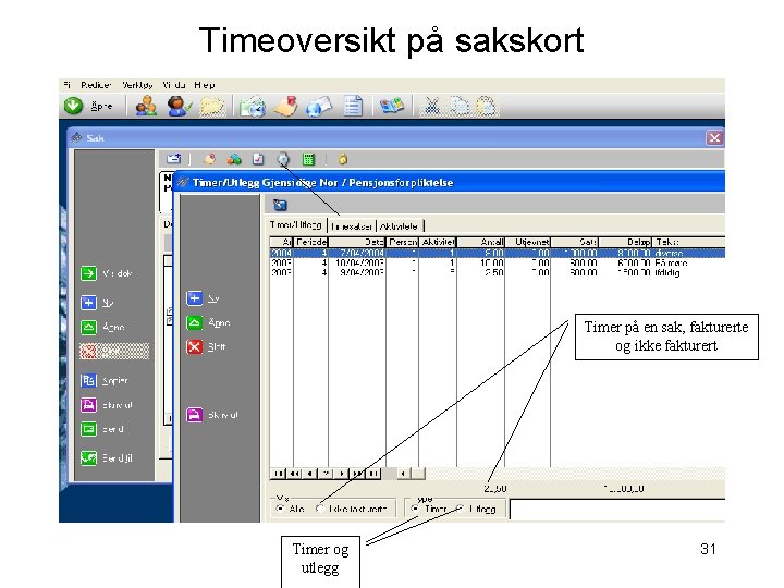 Timeoversikt på sakskort Timer på en sak, fakturerte og ikke fakturert Timer og utlegg