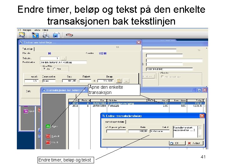 Endre timer, beløp og tekst på den enkelte transaksjonen bak tekstlinjen Åpne den enkelte