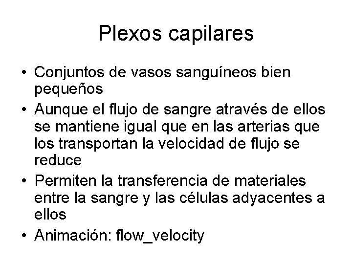 Plexos capilares • Conjuntos de vasos sanguíneos bien pequeños • Aunque el flujo de