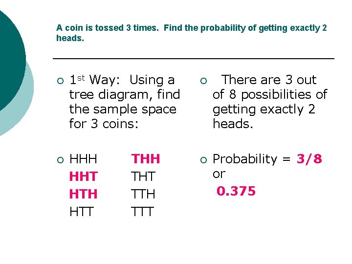 A coin is tossed 3 times. Find the probability of getting exactly 2 heads.