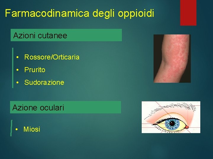 Farmacodinamica degli oppioidi Azioni cutanee • Rossore/Orticaria • Prurito • Sudorazione Azione oculari •
