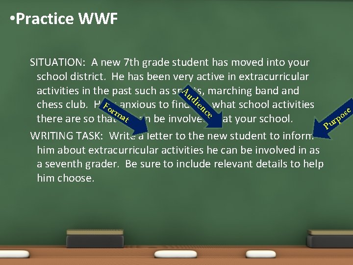  • Practice WWF SITUATION: A new 7 th grade student has moved into