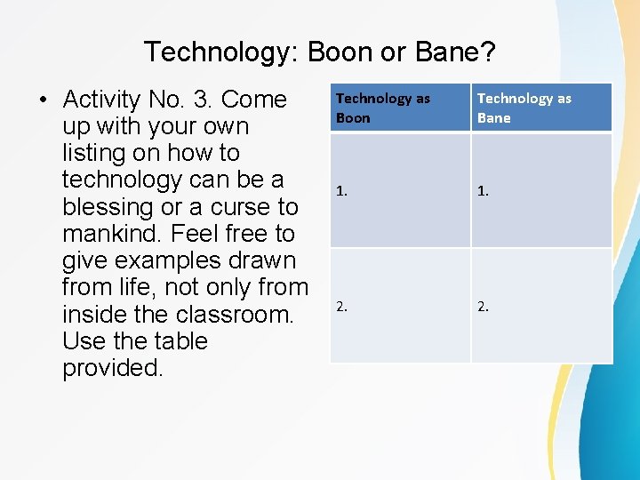 Technology: Boon or Bane? • Activity No. 3. Come up with your own listing