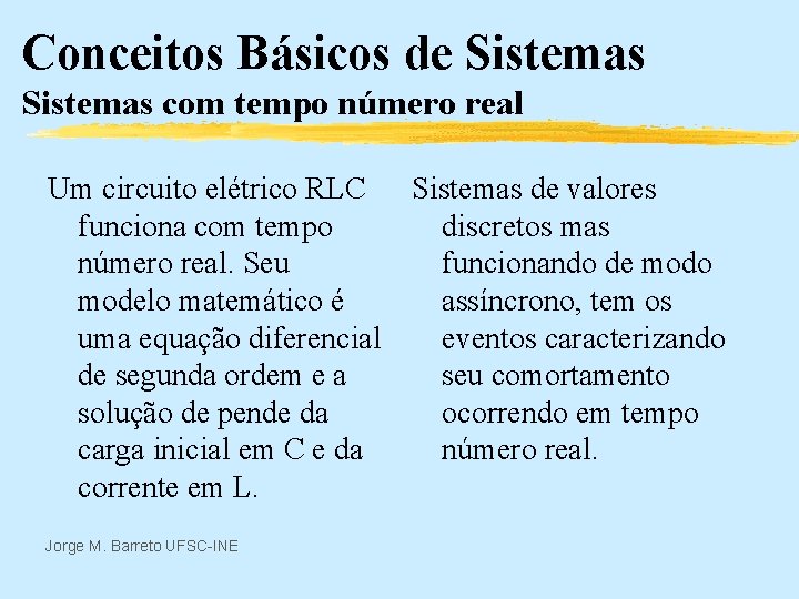 Conceitos Básicos de Sistemas com tempo número real Um circuito elétrico RLC Sistemas de