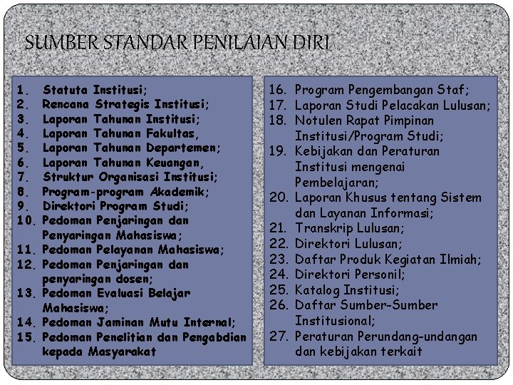 SUMBER STANDAR PENILAIAN DIRI 1. 2. 3. 4. 5. 6. 7. 8. 9. 10.