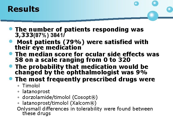 Results • The number of patients responding was 3, 333(87%) 3841/ • Most patients